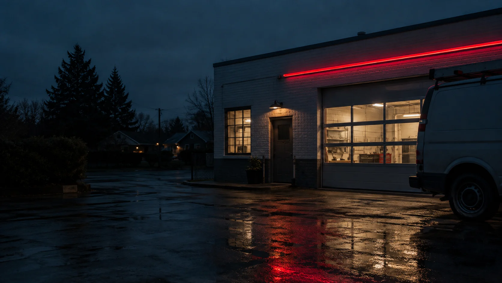 A quiet service business at dusk, after the working day ends.