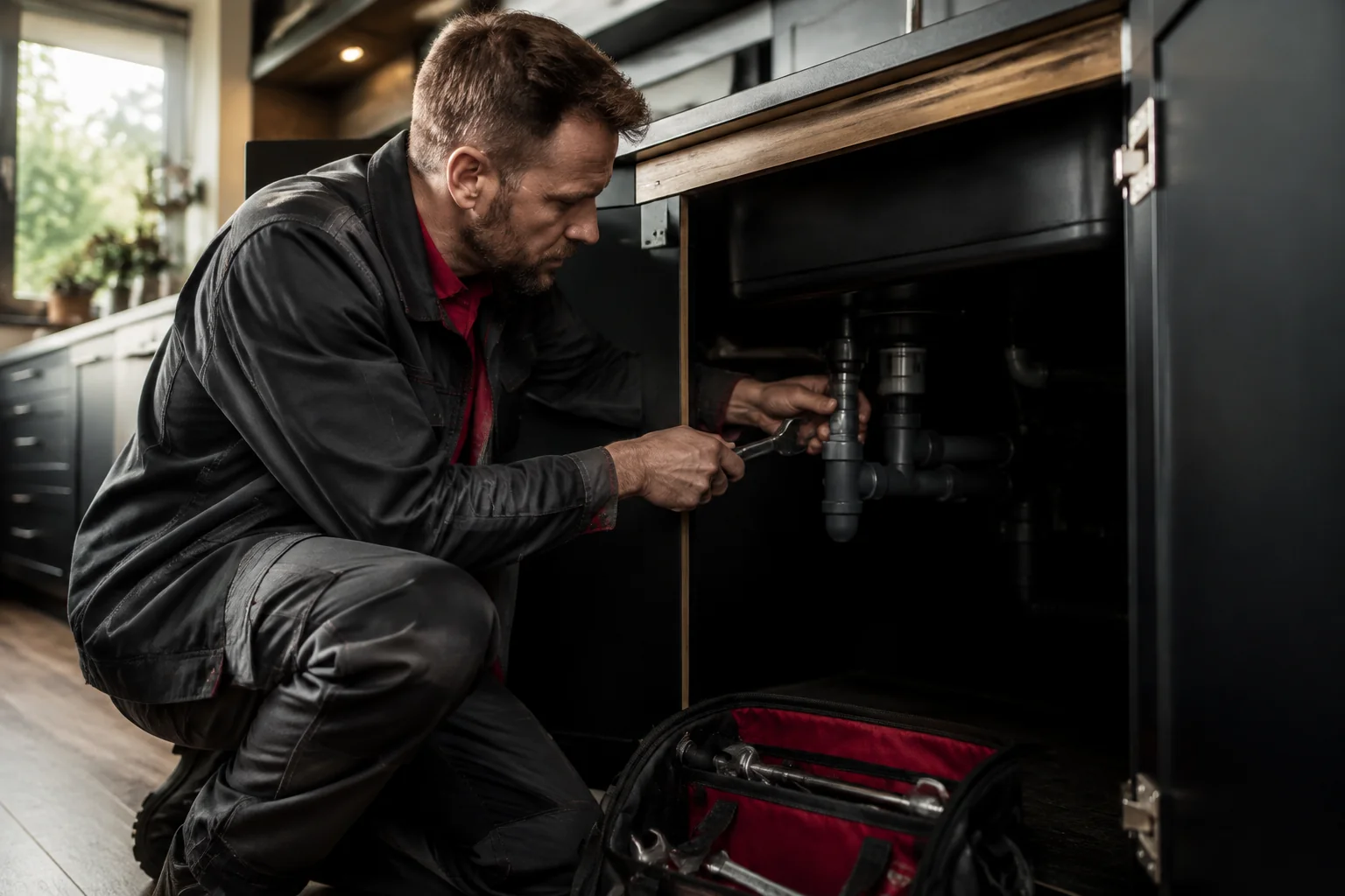 A plumber inspects a pipe in a customer’s kitchen.