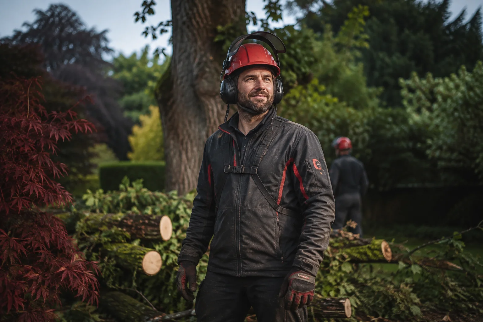 An arborist with safety equipment stands beside a mature tree.
